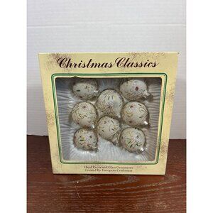 Vintage Hand Decorated Glass Ball Christmas Ornaments Set Of 8 With Glitter & Fl